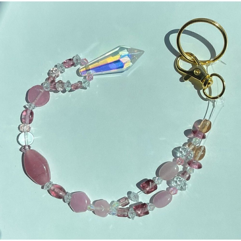 Beaded Suncatcher Rearview Mirror Ornament Pink Clear Crystal Prism Car Charm - Picture 6 of 9